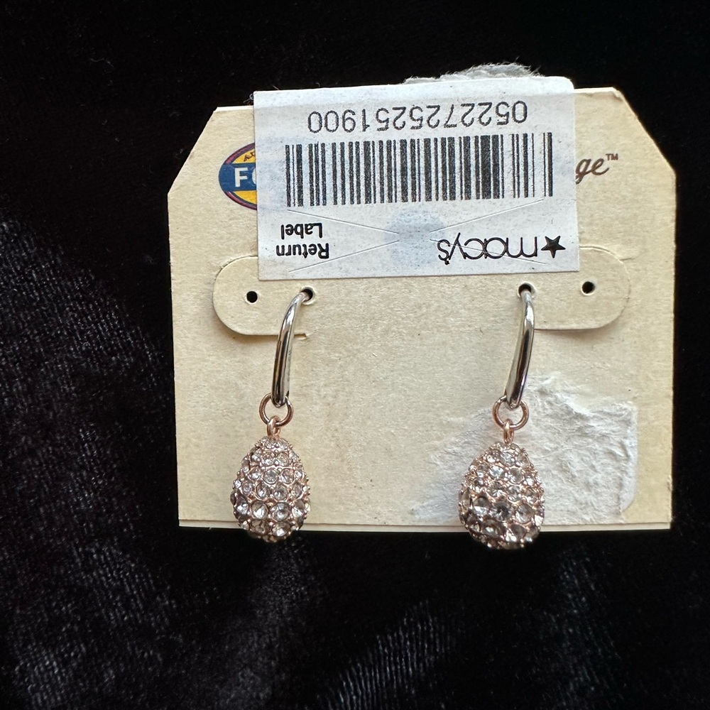 NWT Fossil Long Live Vintage Crystal Teardrop Earrings Stainless Steel Rose Gold - Picture 10 of 14